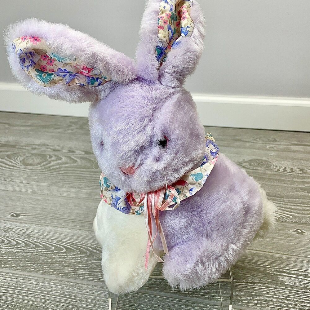 Vintage 1990 Happiness Aid Well Made Bunny Rabbit Plush Purple Floral Easter Toy